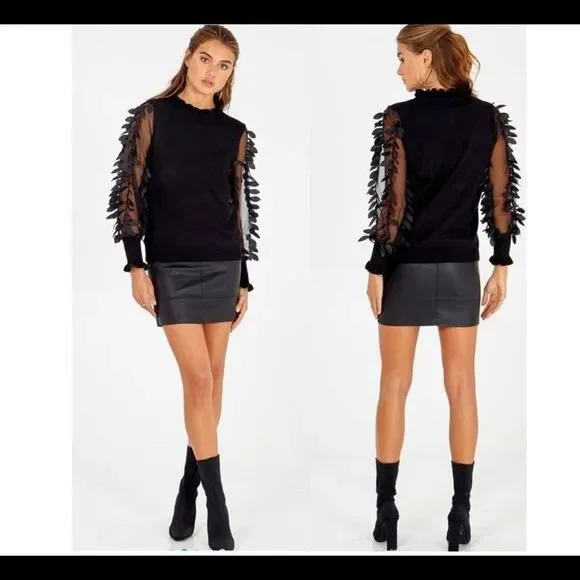 WILD Flower navy Leaf Mesh Sleeves Jumper Sz XS - Picture 3 of 12